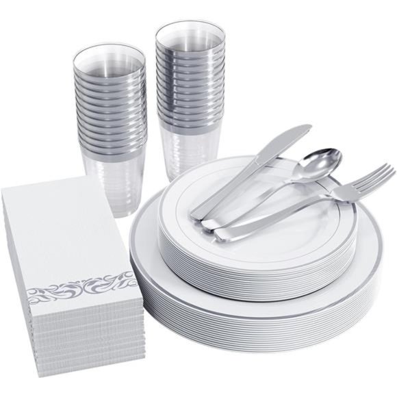 175pcs Silver Dinnerware Set for 25 Guests,Silver Rim Plastic Plates Disposable - Picture 1 of 7